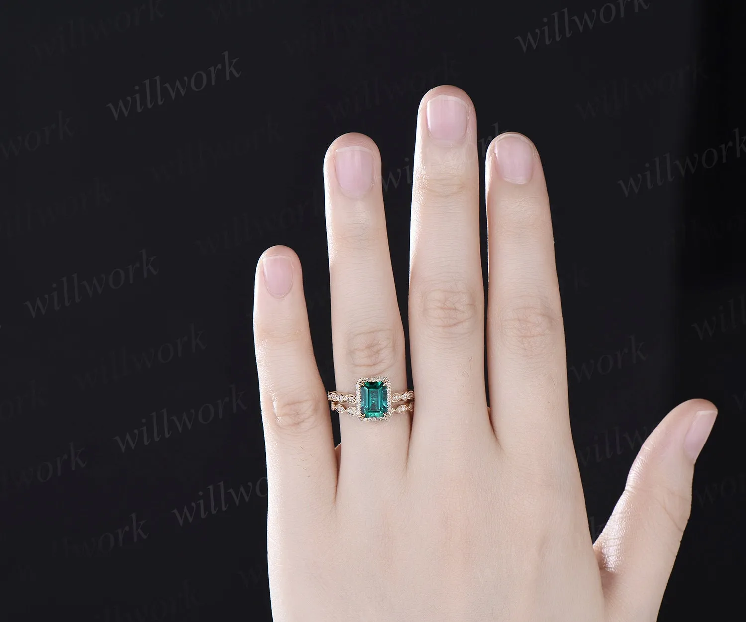 Emerald cut green emerald engagement ring solid 14k yellow gold half eternity marquise milgrain diamond promise wedding ring women jewelry sold by Willwork Jewelry product image thumbnail 2