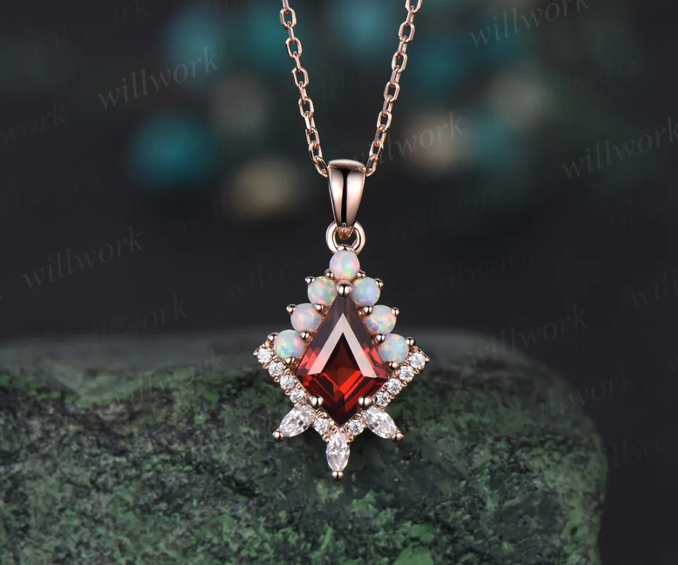 Kite cut red garnet necklace solid 14k 18k rose gold vintage unique halo opal diamond pendant women her anniversary bridal gift mother sold by Willwork Jewelry