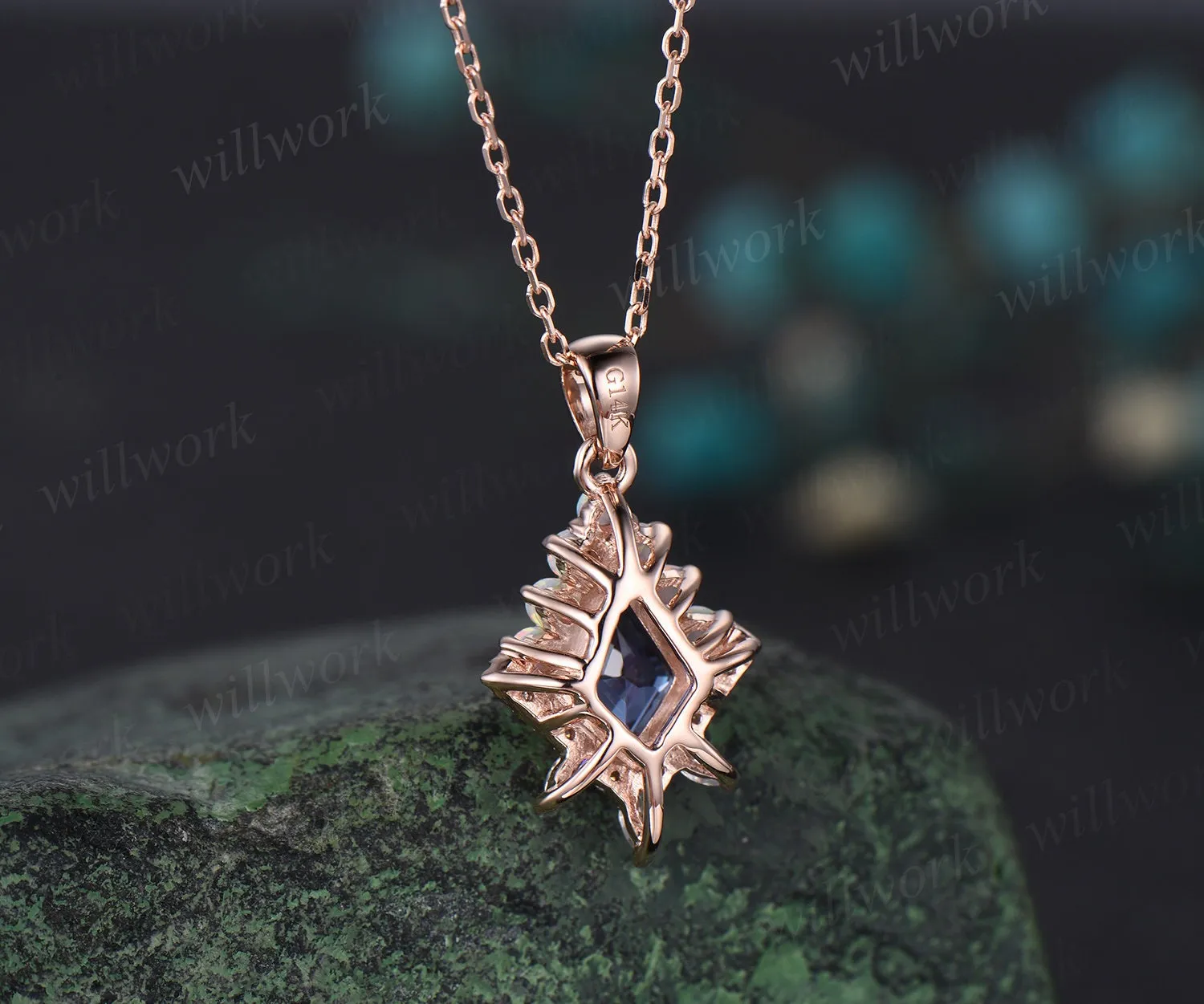 Color change kite cut Alexandrite necklace rose gold halo opal diamond pendant women vintage anniversary bridal gift mother sold by Willwork Jewelry product image thumbnail 4