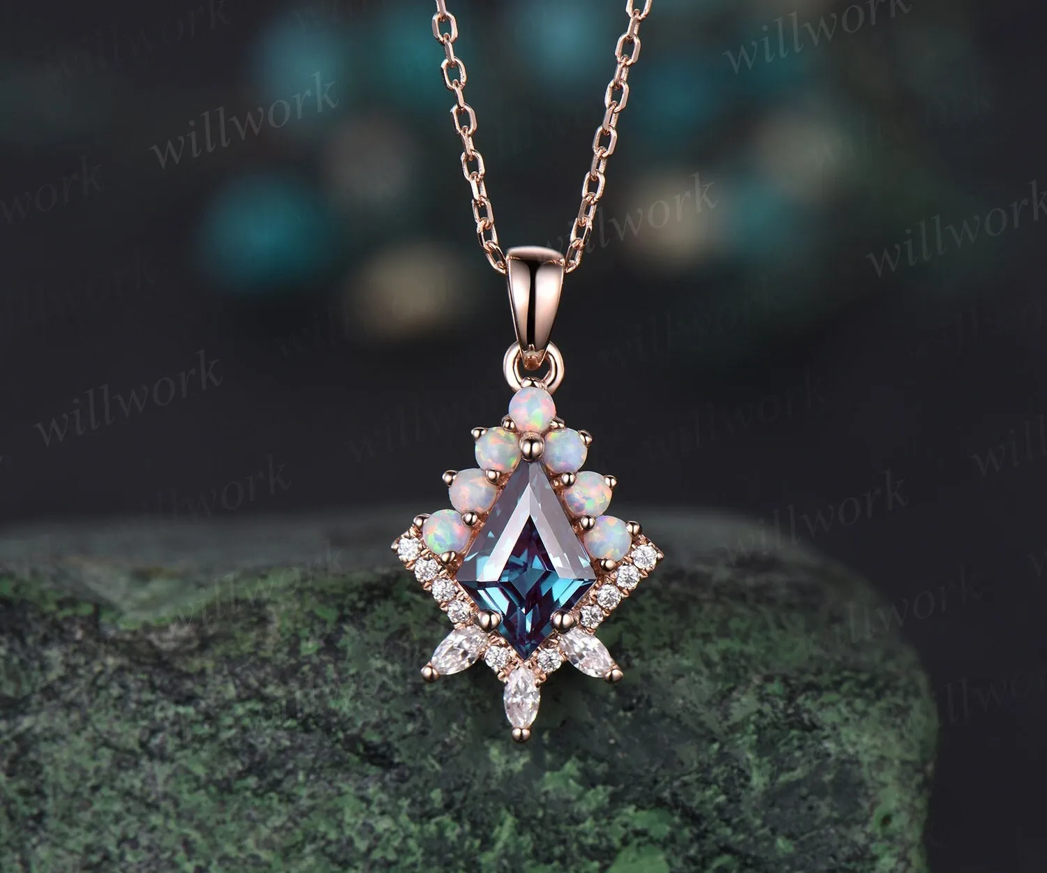 Color change kite cut Alexandrite necklace rose gold halo opal diamond pendant women vintage anniversary bridal gift mother sold by Willwork Jewelry