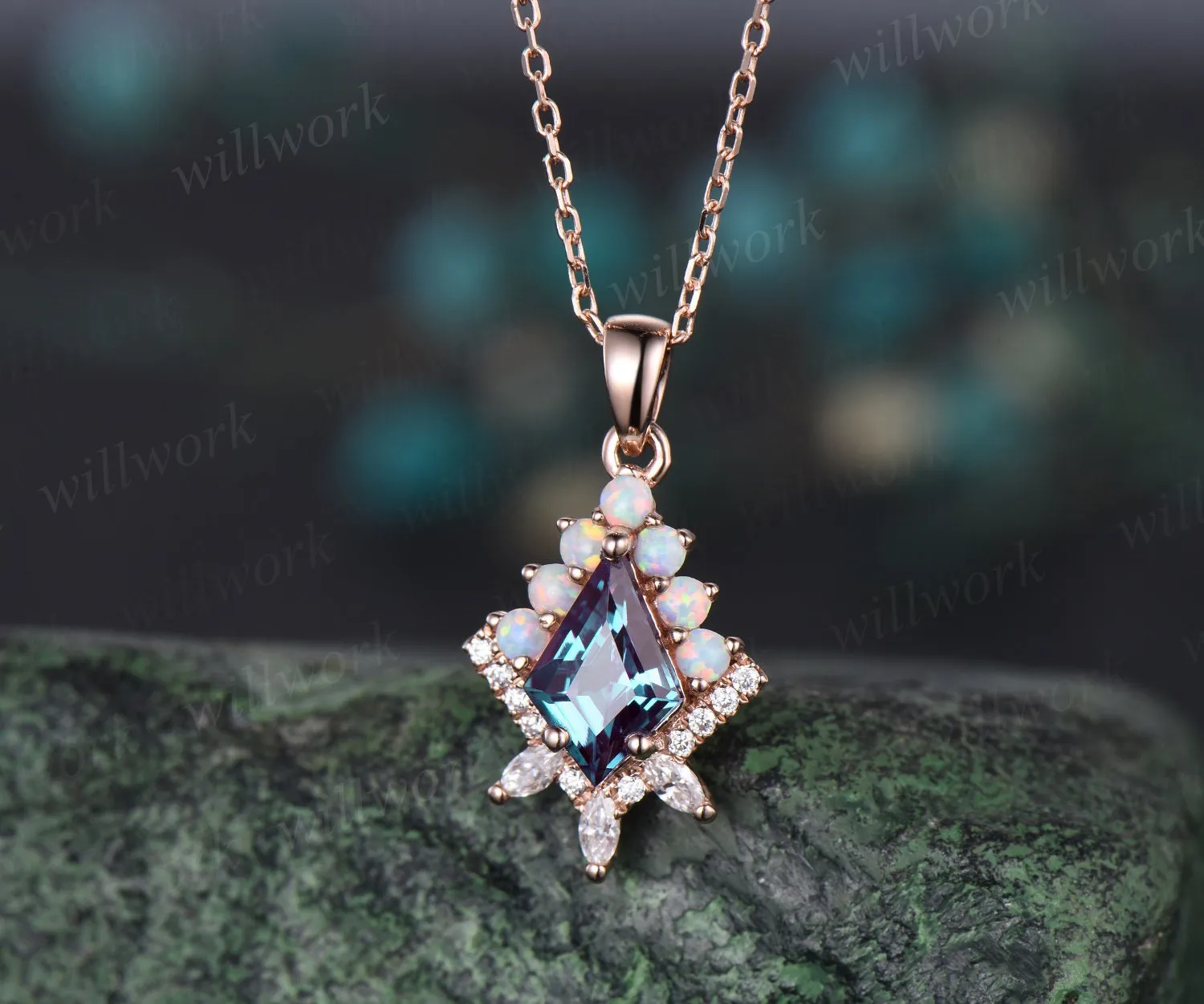 Color change kite cut Alexandrite necklace rose gold halo opal diamond pendant women vintage anniversary bridal gift mother sold by Willwork Jewelry product image thumbnail 3