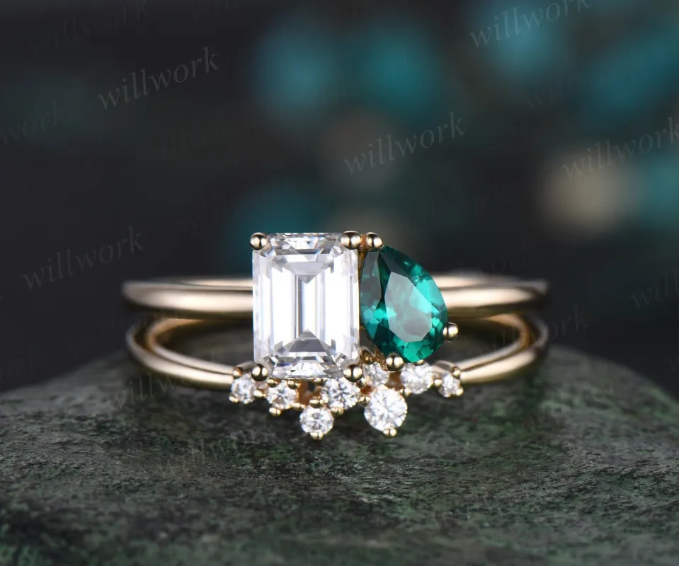 Two stone emerald cut moissanite pear emerald engagement ring Toi et Moi ring Personalized snowdrift bridal wedding ring set women sold by Willwork Jewelry