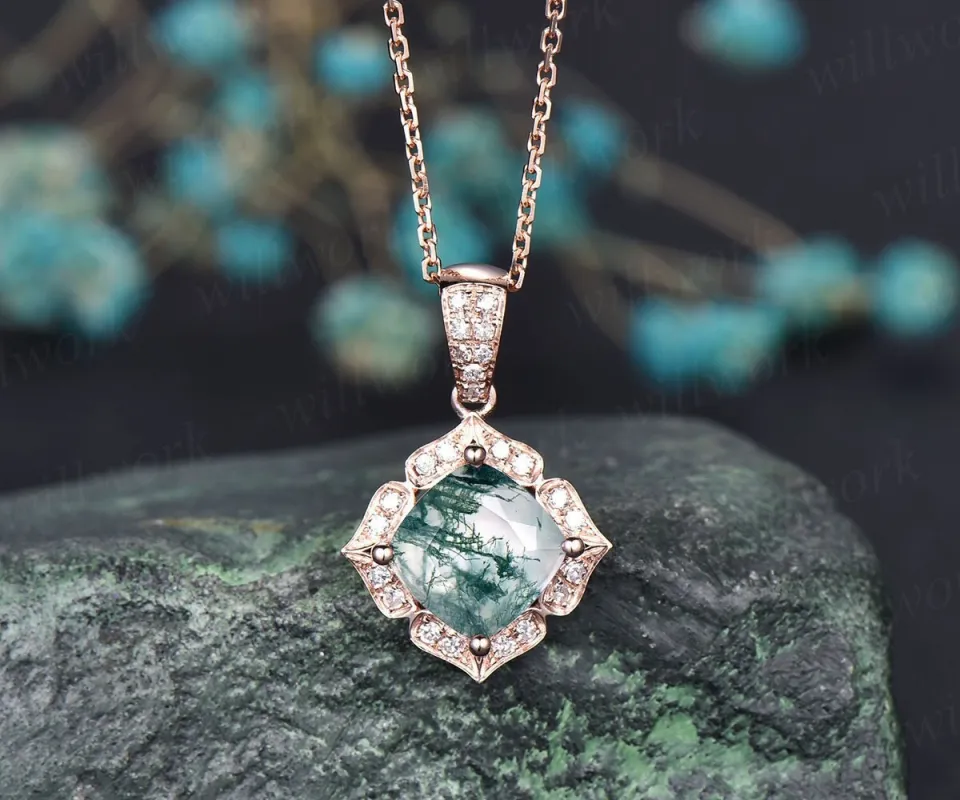 Cushion cut natural green moss agate necklace solid 14k rose gold floral halo moissanite diamond pendant women bridal anniversary gift made by Willwork Jewelry
