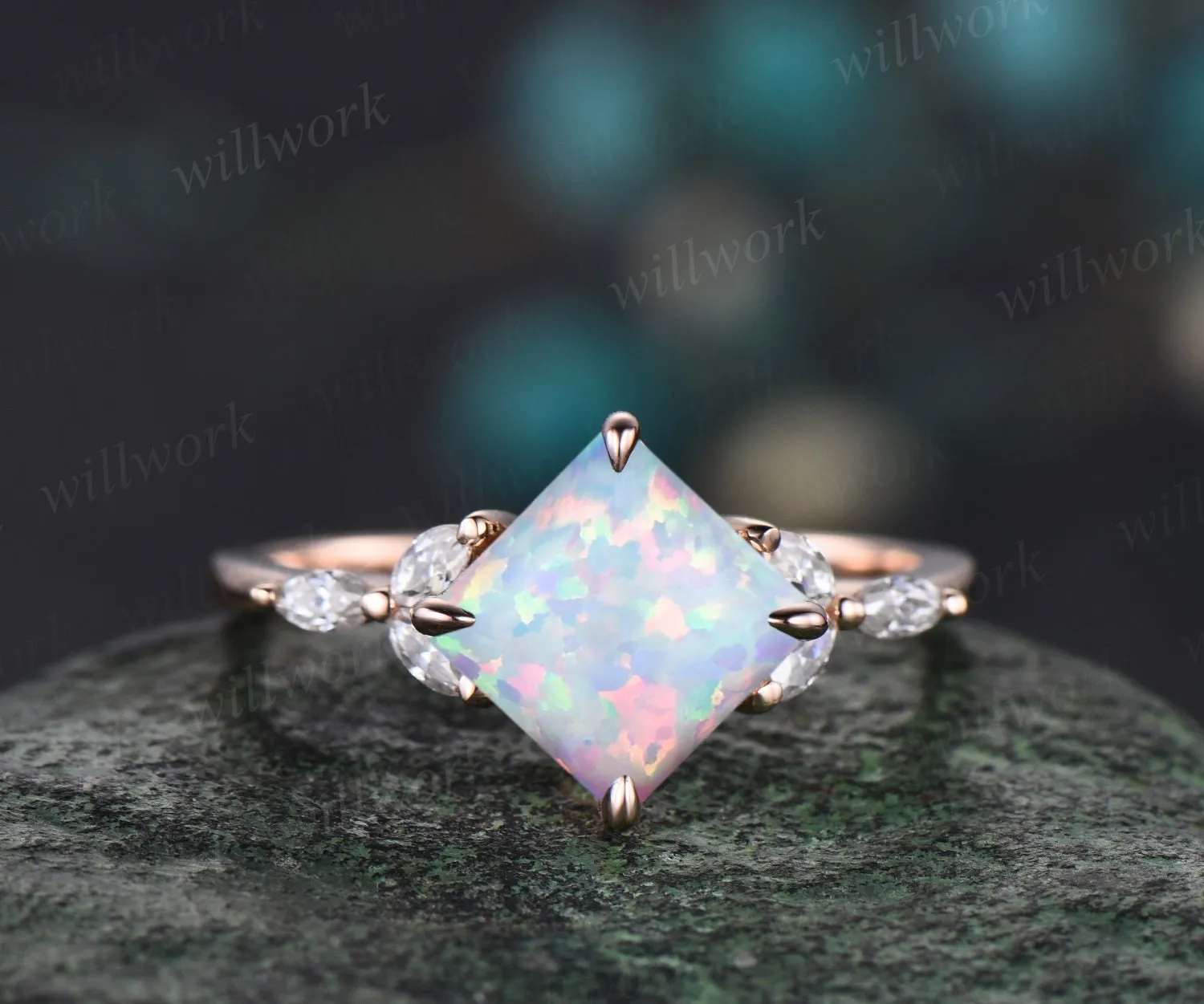 Princess white opal ring vintage rose gold unique engagement ring women claw prong cluster marquise cut diamond promise anniversary ring set sold by Willwork Jewelry product image thumbnail 4