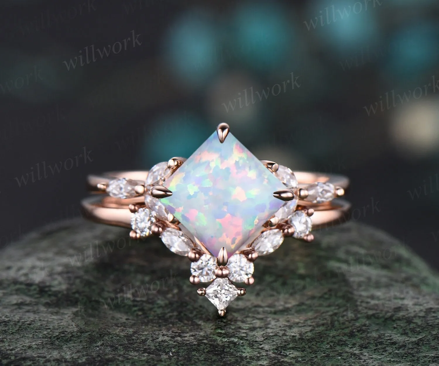 Princess white opal ring vintage rose gold unique engagement ring women claw prong cluster marquise cut diamond promise anniversary ring set sold by Willwork Jewelry