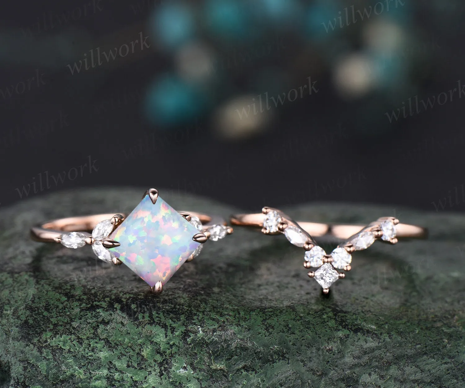 Princess white opal ring vintage rose gold unique engagement ring women claw prong cluster marquise cut diamond promise anniversary ring set sold by Willwork Jewelry product image thumbnail 3