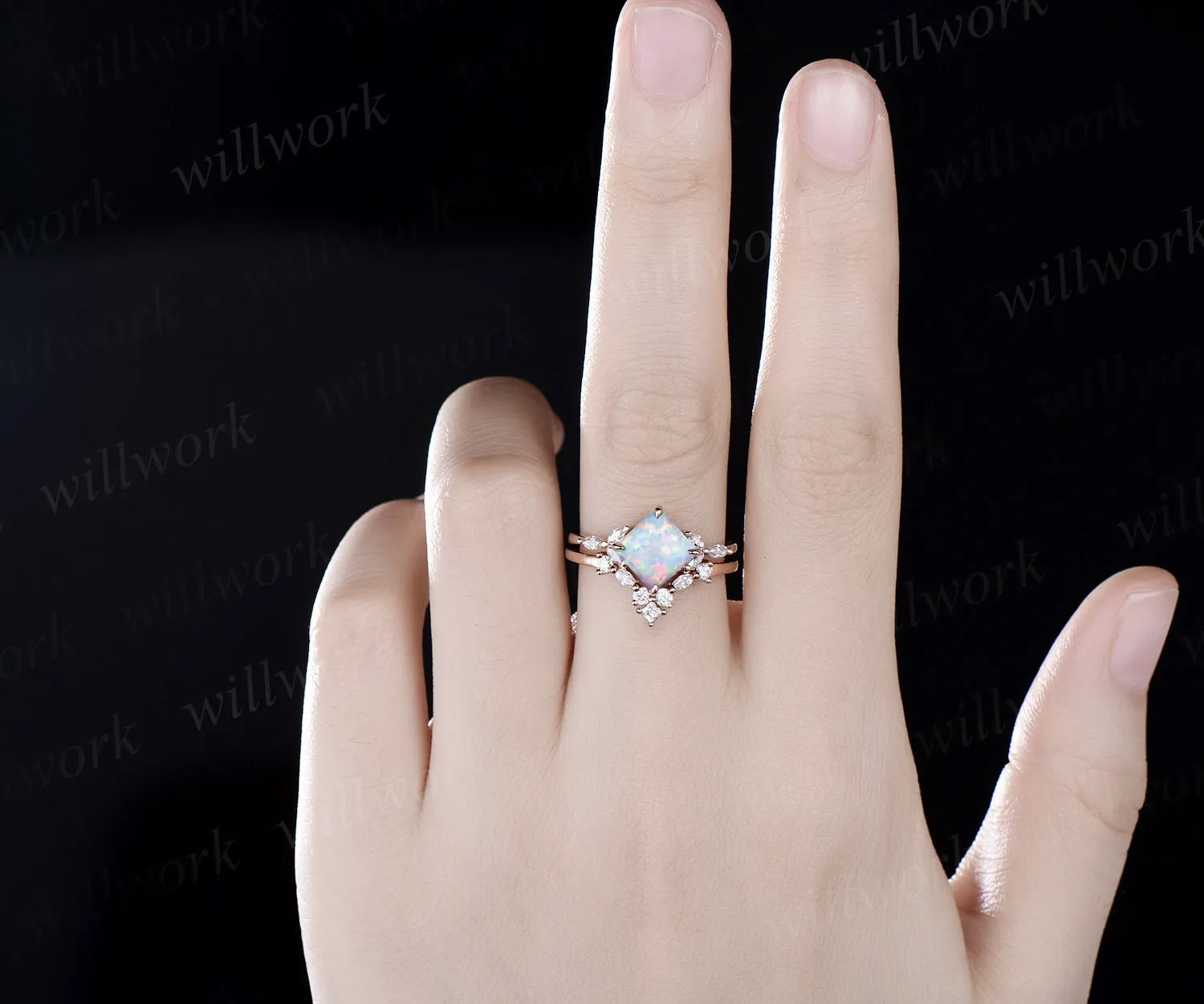 Princess white opal ring vintage rose gold unique engagement ring women claw prong cluster marquise cut diamond promise anniversary ring set sold by Willwork Jewelry product image thumbnail 2