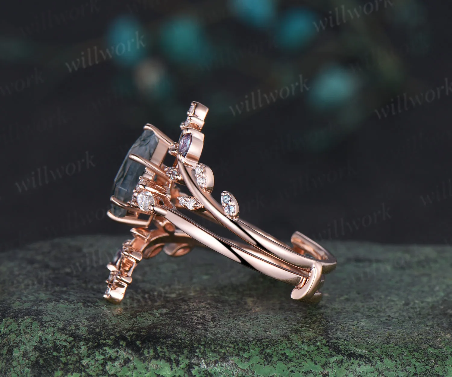 Kite cut moss agate engagement ring rose gold leaf alexandrite diamond wedding band enhancer unique anniversary bridal ring set women sold by Willwork Jewelry product image thumbnail 4