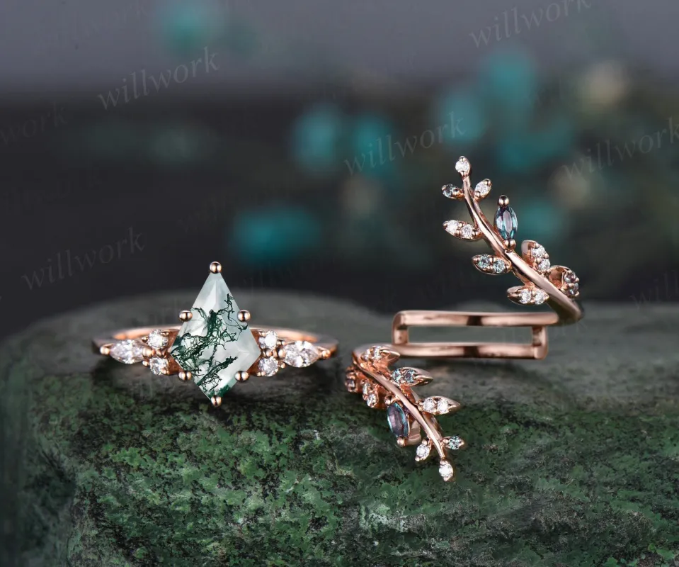 Kite cut moss agate engagement ring rose gold leaf alexandrite diamond wedding band enhancer unique anniversary bridal ring set women sold by Willwork Jewelry