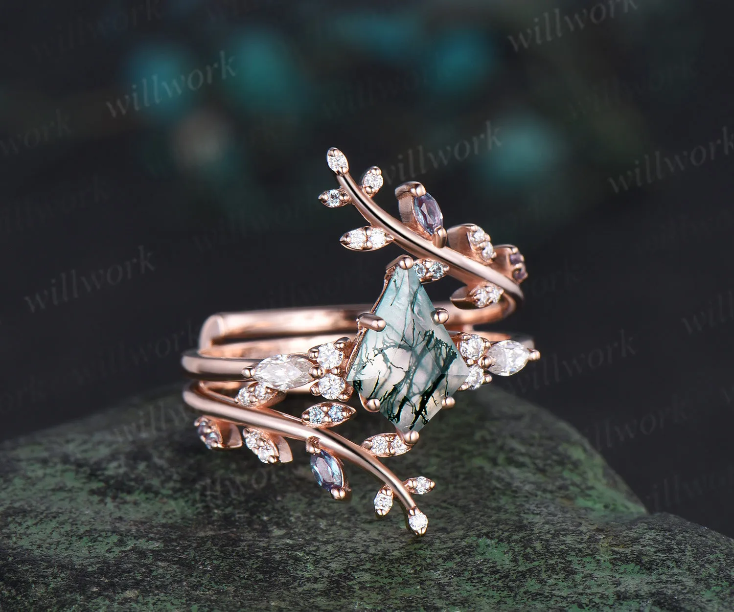 Kite cut moss agate engagement ring rose gold leaf alexandrite diamond wedding band enhancer unique anniversary bridal ring set women sold by Willwork Jewelry product image thumbnail 3