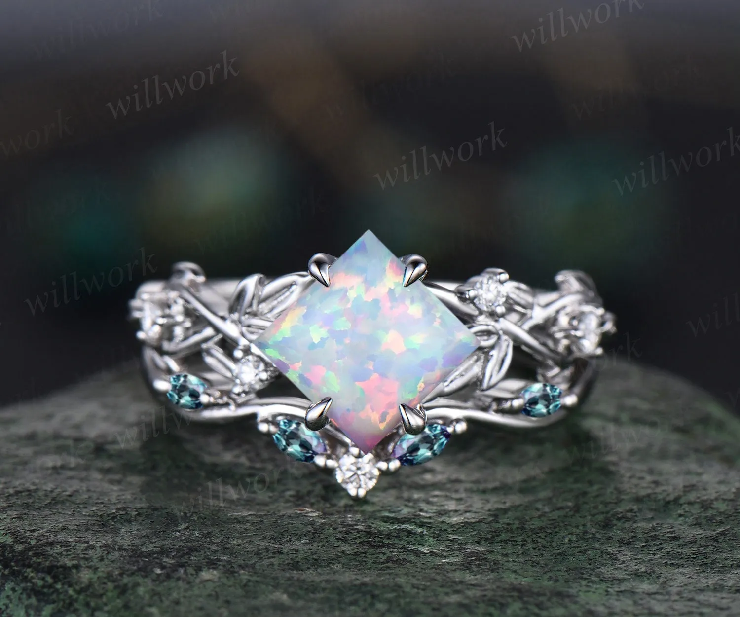 Princess white opal engagement ring set 14k rose gold five stone leaf branch Nature inspired alexandrite diamond bridal ring set women gift sold by Willwork Jewelry product image thumbnail 4