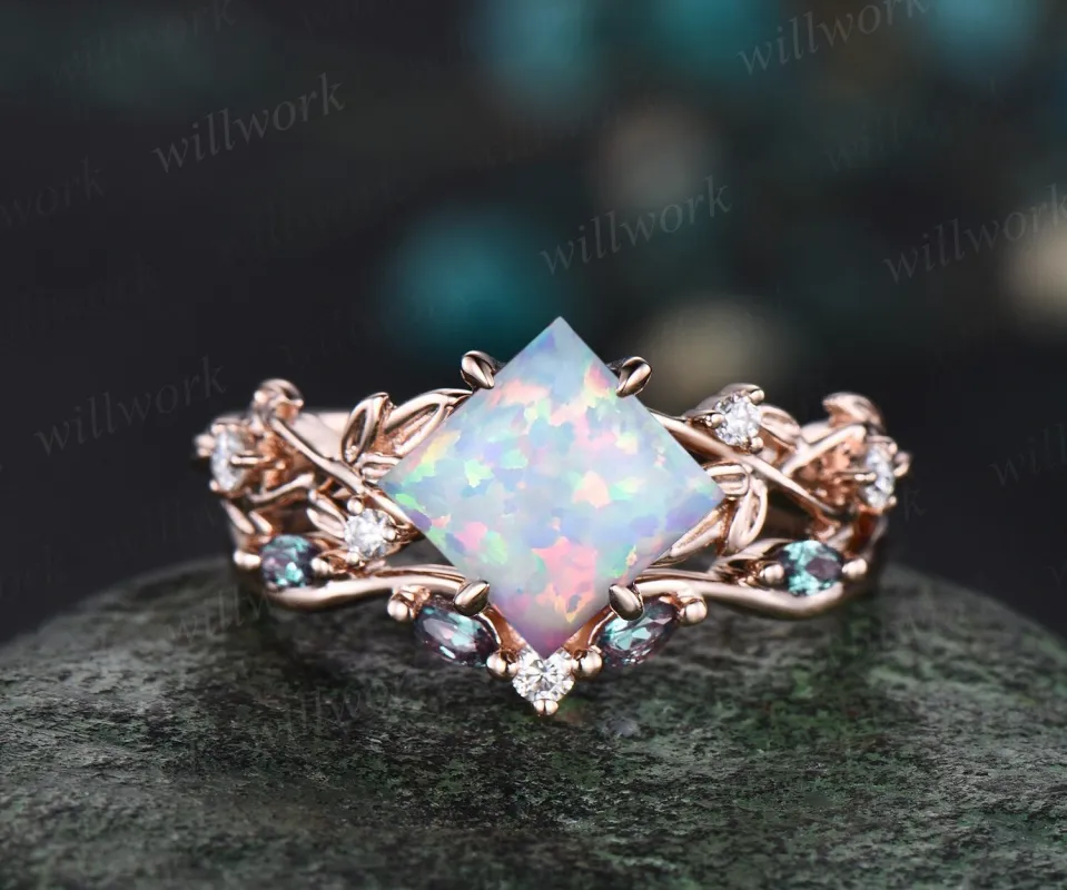 Princess white opal engagement ring set 14k rose gold five stone leaf branch Nature inspired alexandrite diamond bridal ring set women gift sold by Willwork Jewelry