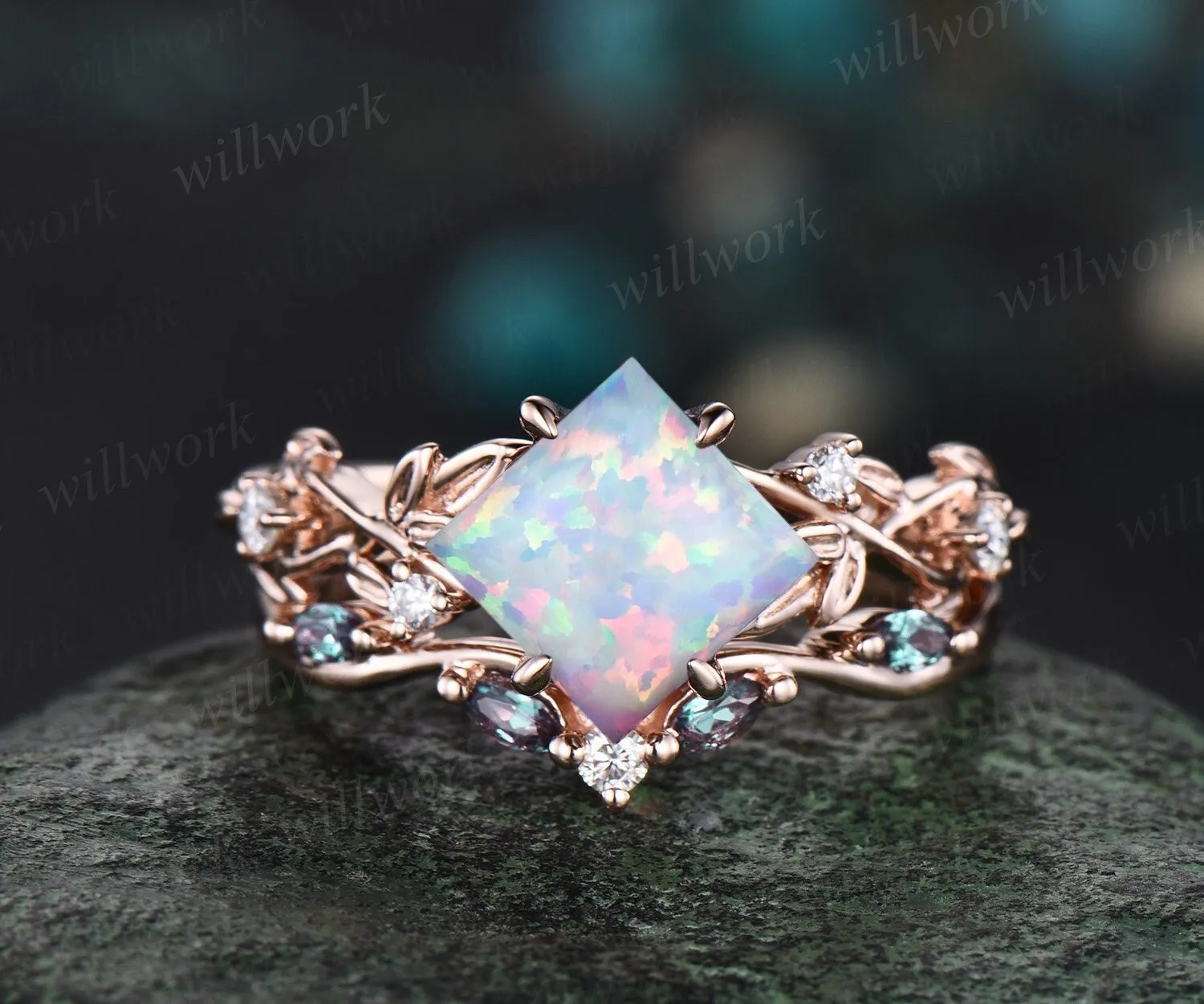 Princess white opal engagement ring set 14k rose gold five stone leaf branch Nature inspired alexandrite diamond bridal ring set women gift sold by Willwork Jewelry