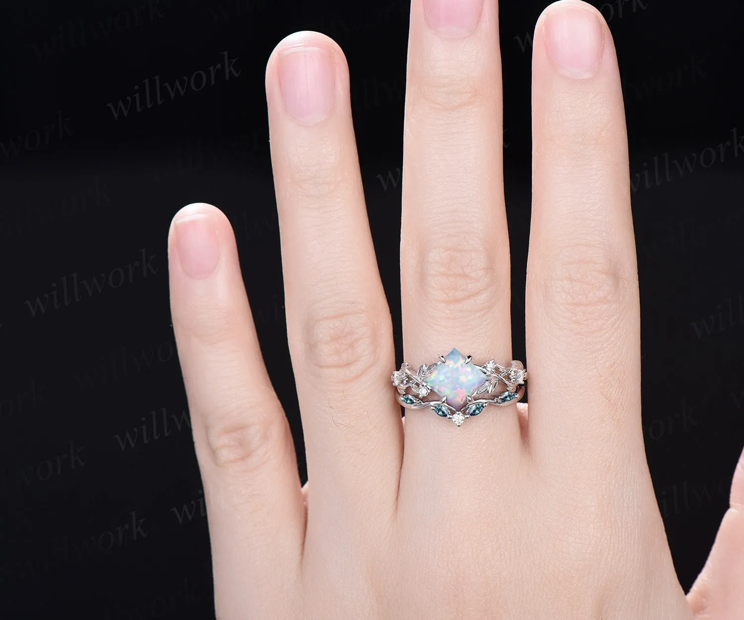 Princess white opal engagement ring set 14k rose gold five stone leaf branch Nature inspired alexandrite diamond bridal ring set women gift sold by Willwork Jewelry product image thumbnail 5