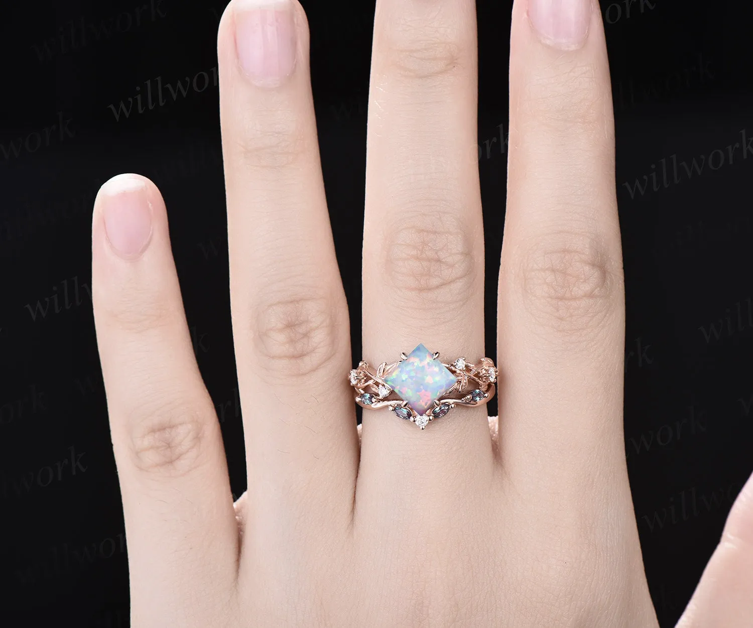 Princess white opal engagement ring set 14k rose gold five stone leaf branch Nature inspired alexandrite diamond bridal ring set women gift sold by Willwork Jewelry product image thumbnail 2