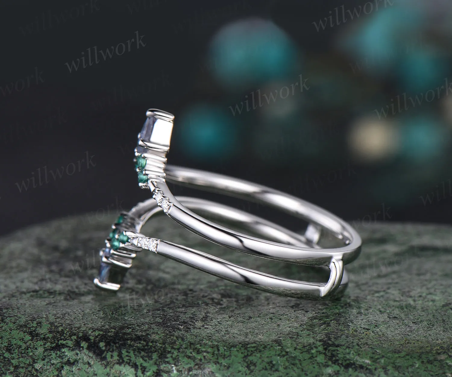 Unique Curved V Shaped Wedding Band Kite Alexandrite Round Emerald Moissanite Wedding Ring Art Deco 14k White Gold Anniversary Ring For Women sold by Willwork Jewelry product image thumbnail 4