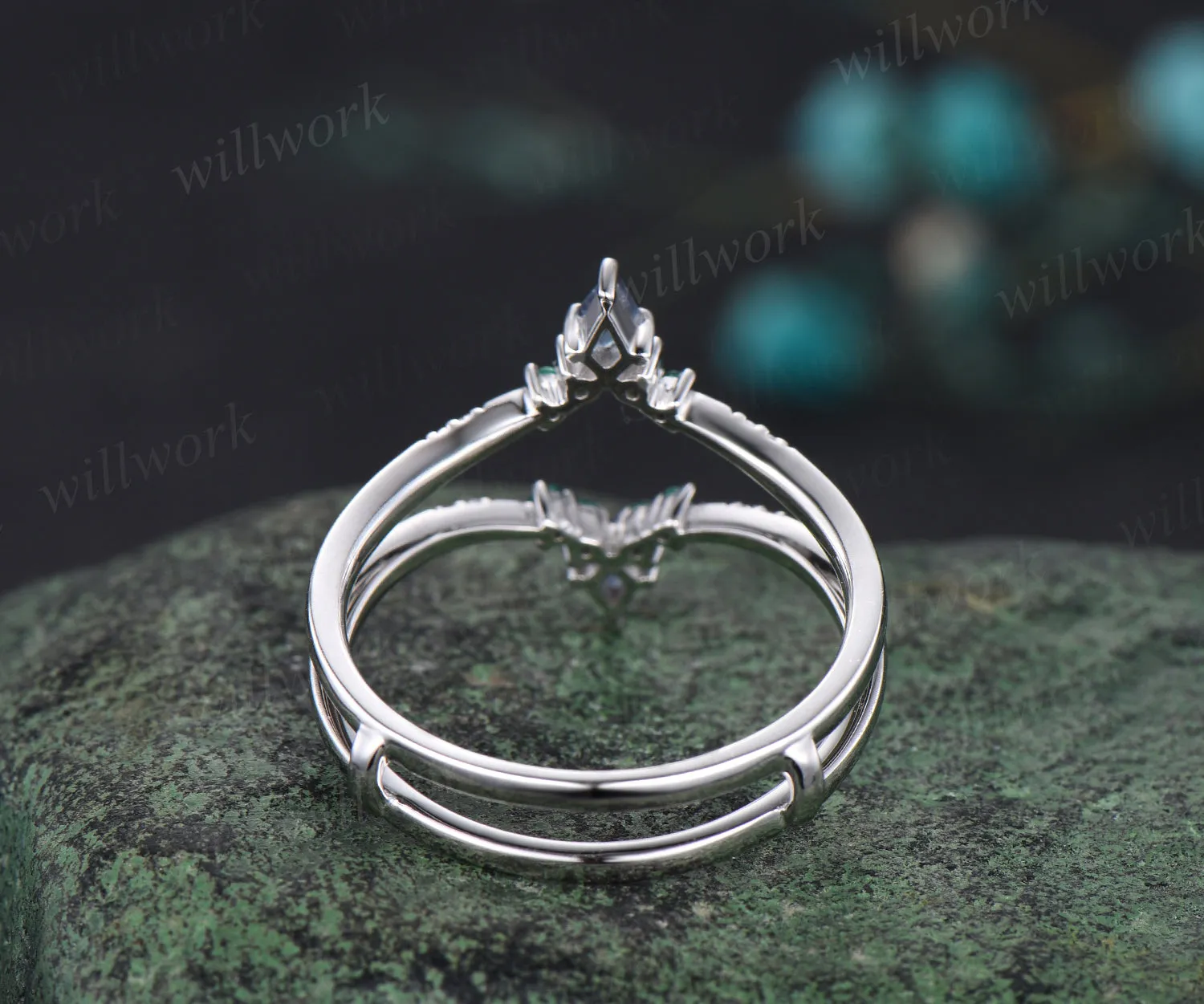 Unique Curved V Shaped Wedding Band Kite Alexandrite Round Emerald Moissanite Wedding Ring Art Deco 14k White Gold Anniversary Ring For Women sold by Willwork Jewelry product image thumbnail 5