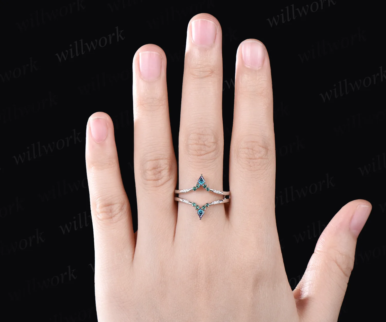 Unique Curved V Shaped Wedding Band Kite Alexandrite Round Emerald Moissanite Wedding Ring Art Deco 14k White Gold Anniversary Ring For Women sold by Willwork Jewelry product image thumbnail 2
