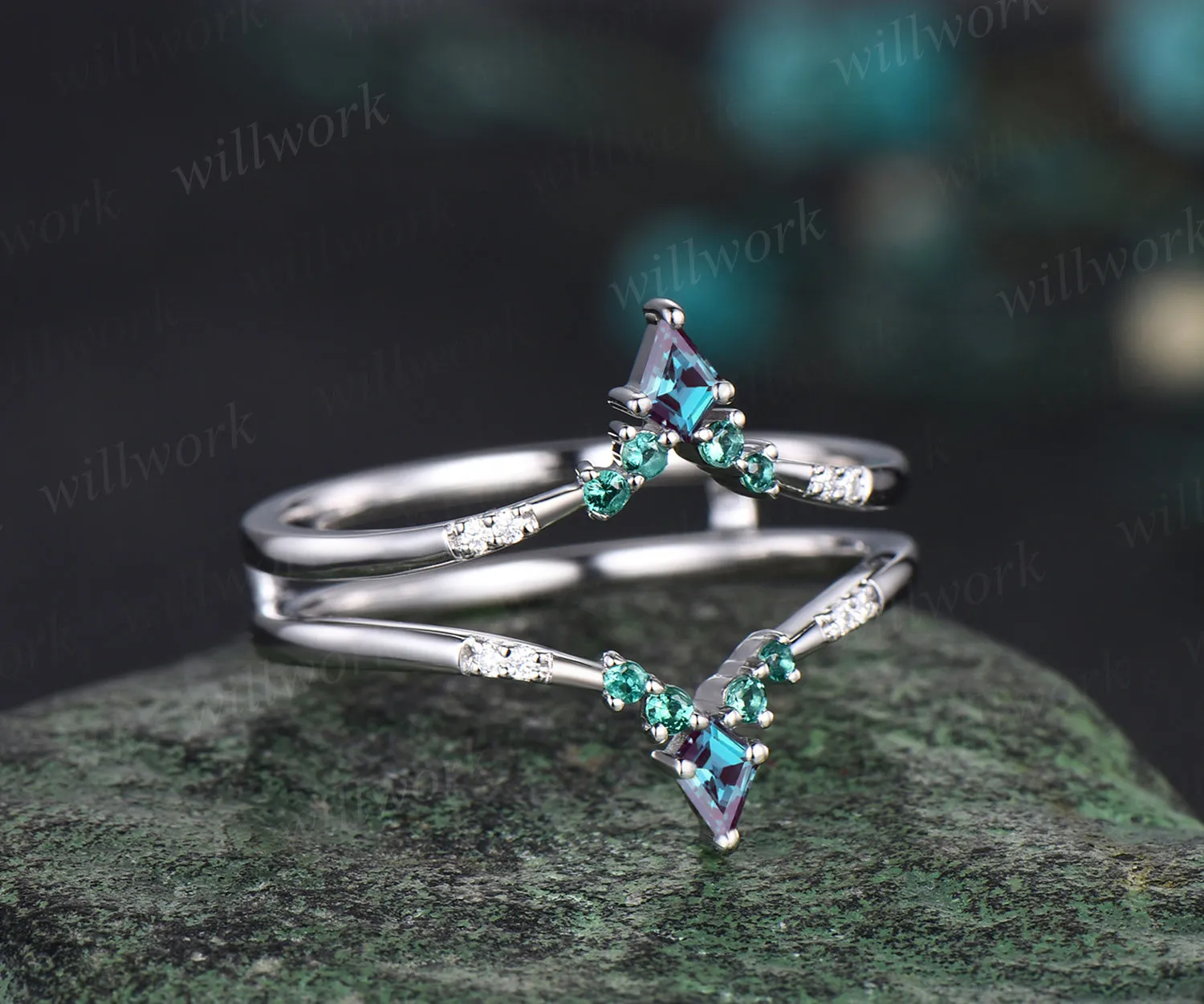 Unique Curved V Shaped Wedding Band Kite Alexandrite Round Emerald Moissanite Wedding Ring Art Deco 14k White Gold Anniversary Ring For Women sold by Willwork Jewelry product image thumbnail 3