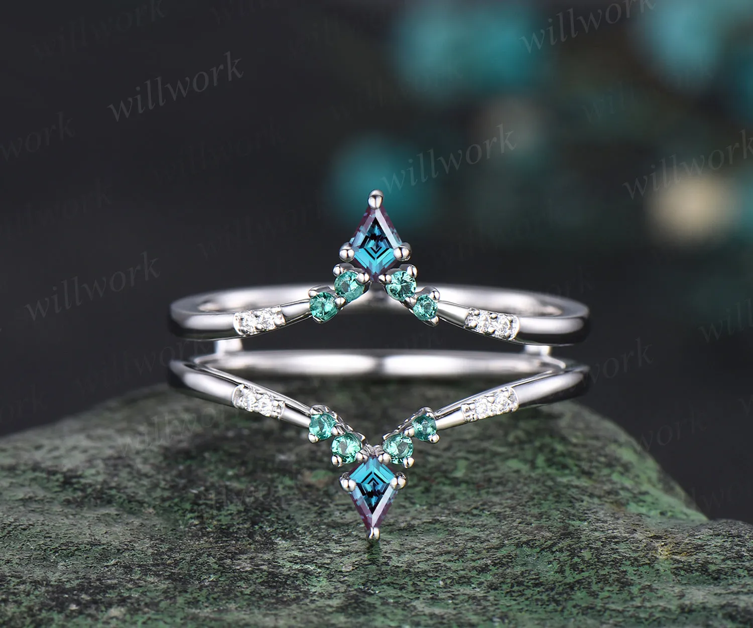 Unique Curved V Shaped Wedding Band Kite Alexandrite Round Emerald Moissanite Wedding Ring Art Deco 14k White Gold Anniversary Ring For Women sold by Willwork Jewelry