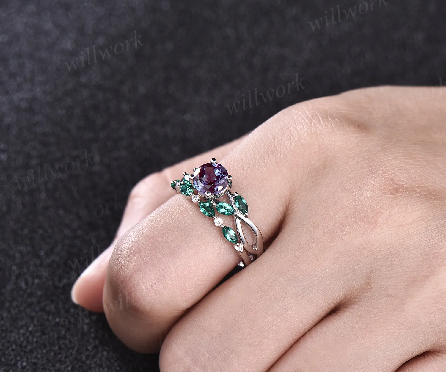 June Birthstone Round Cut Alexandrite Engagement Ring Set Unique Twisted Split Shank Ring Art Deco Moissanite Emerald 2pcs Bridal Ring Set Women sold by Willwork Jewelry product image thumbnail 4