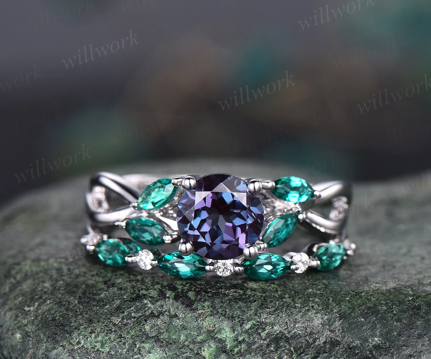 June Birthstone Round Cut Alexandrite Engagement Ring Set Unique Twisted Split Shank Ring Art Deco Moissanite Emerald 2pcs Bridal Ring Set Women sold by Willwork Jewelry