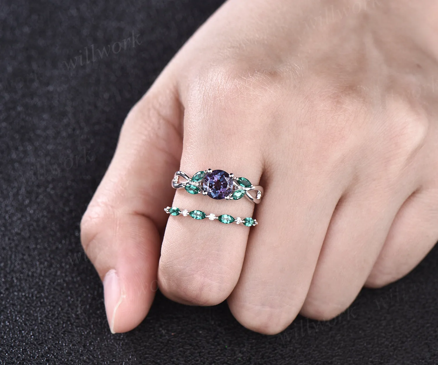 June Birthstone Round Cut Alexandrite Engagement Ring Set Unique Twisted Split Shank Ring Art Deco Moissanite Emerald 2pcs Bridal Ring Set Women sold by Willwork Jewelry product image thumbnail 3