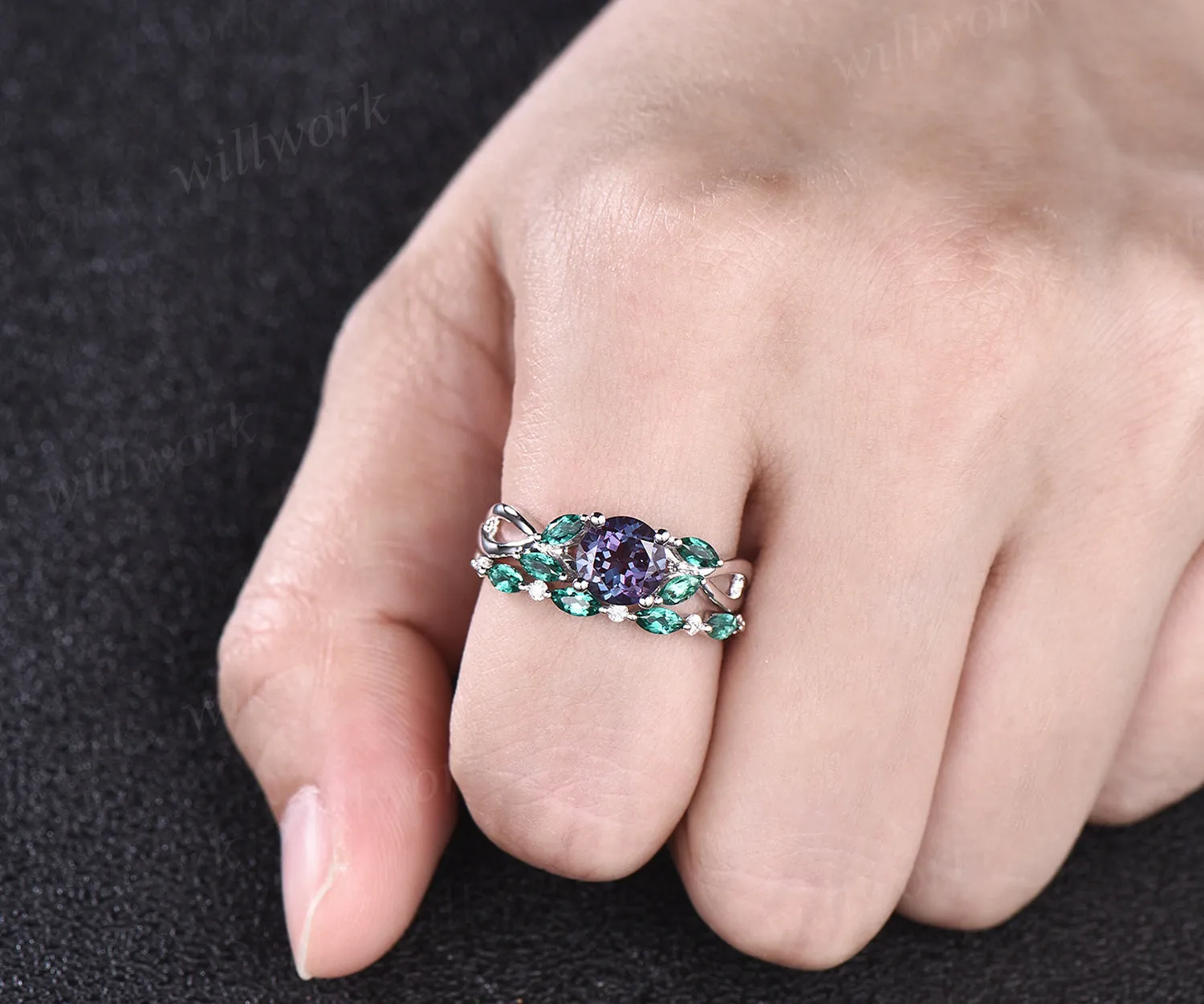 June Birthstone Round Cut Alexandrite Engagement Ring Set Unique Twisted Split Shank Ring Art Deco Moissanite Emerald 2pcs Bridal Ring Set Women sold by Willwork Jewelry product image thumbnail 2