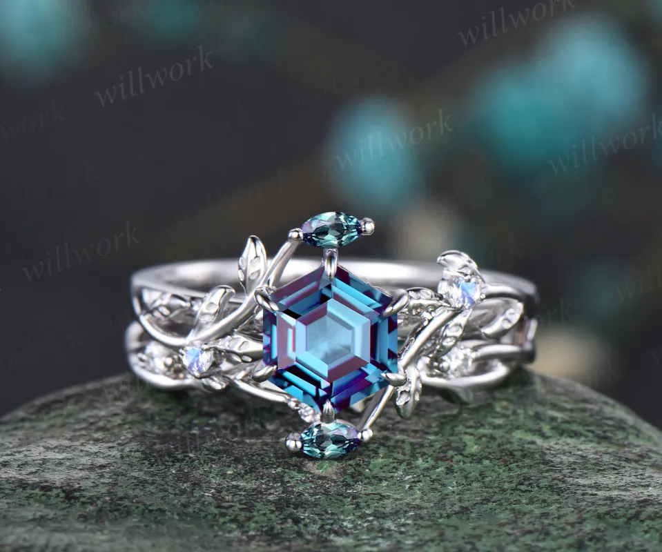 Delicate Hexagon Cut June Birthstone Alexandrite Nature Inspired Engagement Ring Set Moonstone Leaf Vine Twig Branch Ring Art Deco 2pcs Bridal Ring Set sold by Willwork Jewelry
