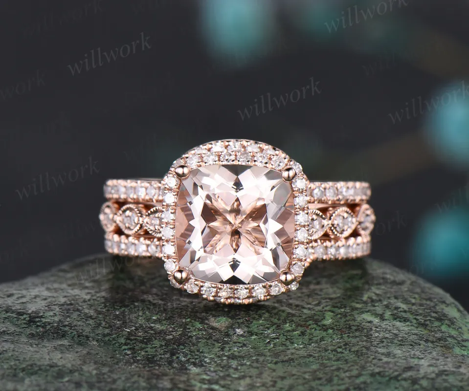 Milgrain Cushion Cut Natural Morganite Engagement Ring Set Vintage Moissanite Halo Half Eternity Wedding Ring Antique 14k Rose Gold 3pcs Bridal Ring Set made by Willwork Jewelry