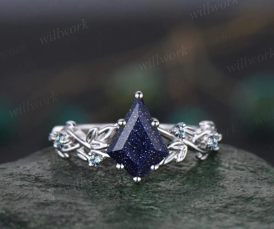 Galaxy Kite Cut Blue Sandstone Engagement Ring Unique June Birthstone Alexandrite Five Stone Wedding Ring Vine Twig Branch Leaf Nature Inspired Bridal Ring sold by Willwork Jewelry