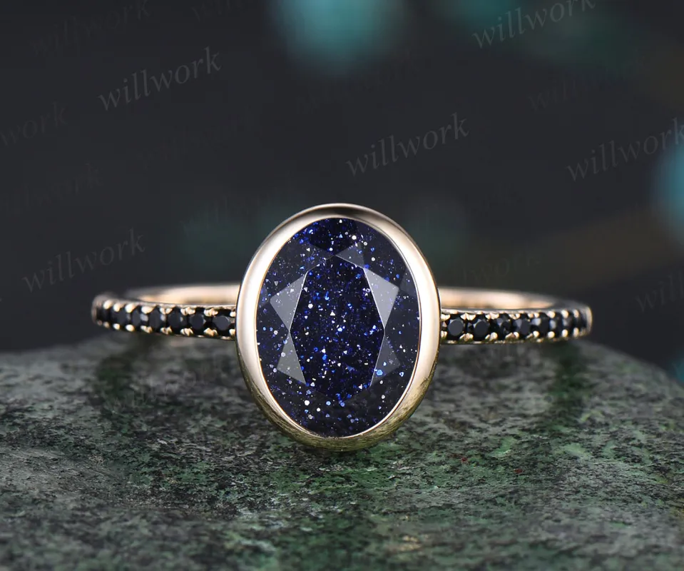 Oval Cut Galaxy Blue Sandstone Engagement Ring Unique Black Spinel Diamond Half Eternity Ring Bezel Set Promise Ring Healing Jewelry sold by Willwork Jewelry