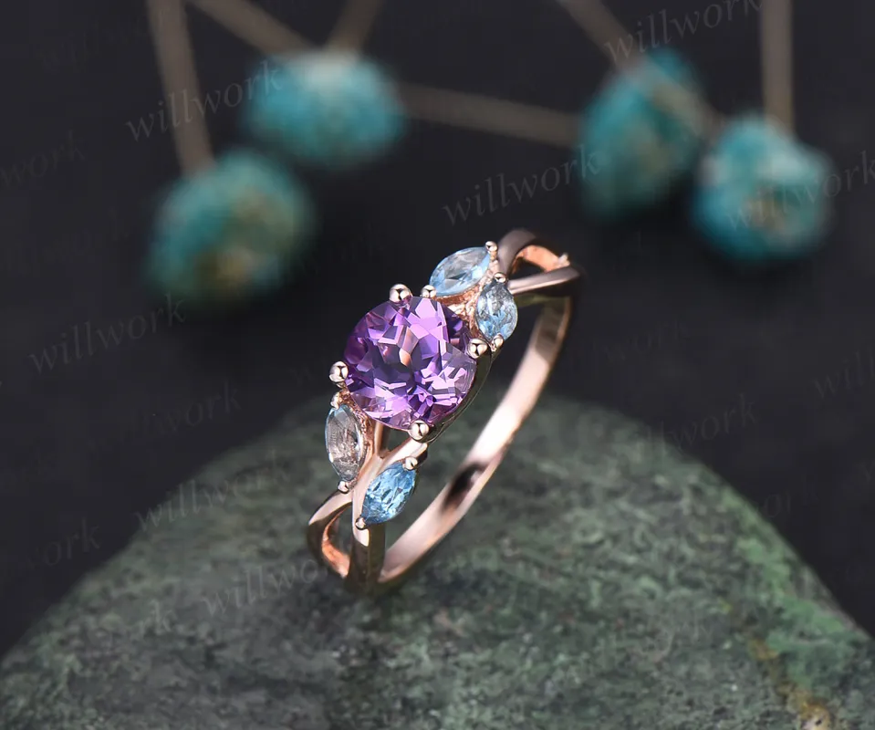 Unique Round Cut February Birthstone Natural Amethyst Engagement Ring Art Deco Blue Topaz Five Stone Ring Vintage Twisted Split Shank Ring sold by Willwork Jewelry