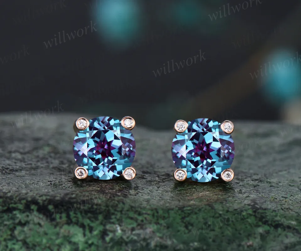 Delicate Round Cut Alexandrite Earrings June Birthstone Five Stone Stud Earrings Minimalist Color Change Stone Anniversary Jewelry Gift sold by Willwork Jewelry
