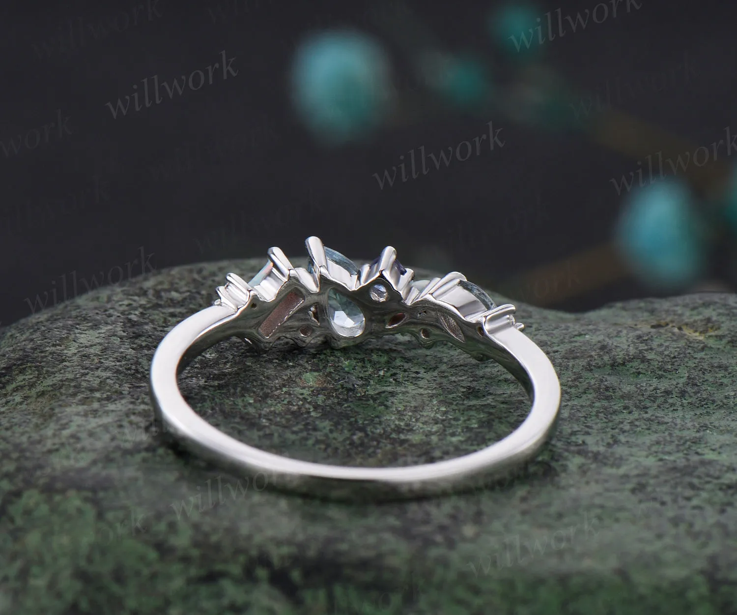 Natural Aquamarine Tanzanite Wedding Band Opal Cluster Multi-Stone Wedding Ring Minimalist 14k White Gold Bridal Anniversary Promise Custom Jewelry sold by Willwork Jewelry product image thumbnail 5
