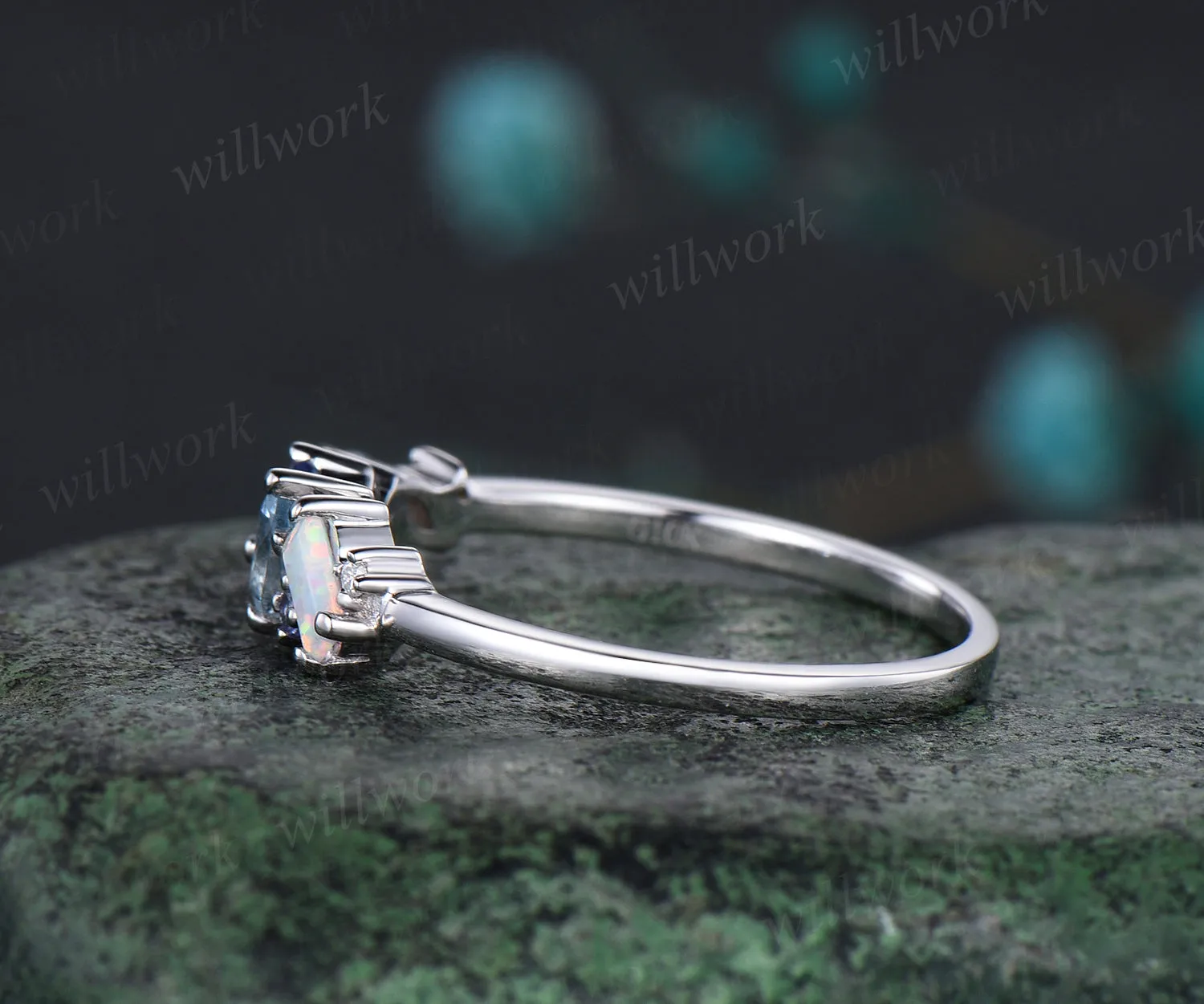 Natural Aquamarine Tanzanite Wedding Band Opal Cluster Multi-Stone Wedding Ring Minimalist 14k White Gold Bridal Anniversary Promise Custom Jewelry sold by Willwork Jewelry product image thumbnail 4