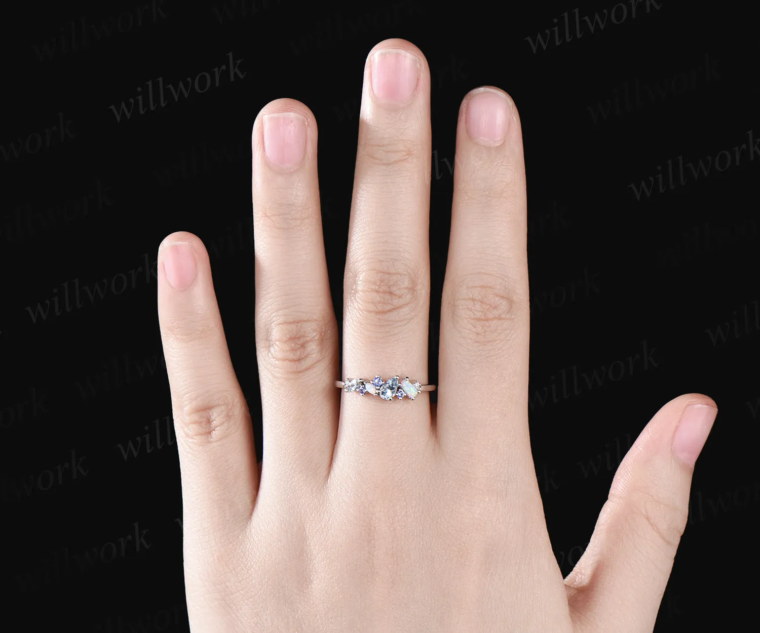 Natural Aquamarine Tanzanite Wedding Band Opal Cluster Multi-Stone Wedding Ring Minimalist 14k White Gold Bridal Anniversary Promise Custom Jewelry sold by Willwork Jewelry product image thumbnail 2