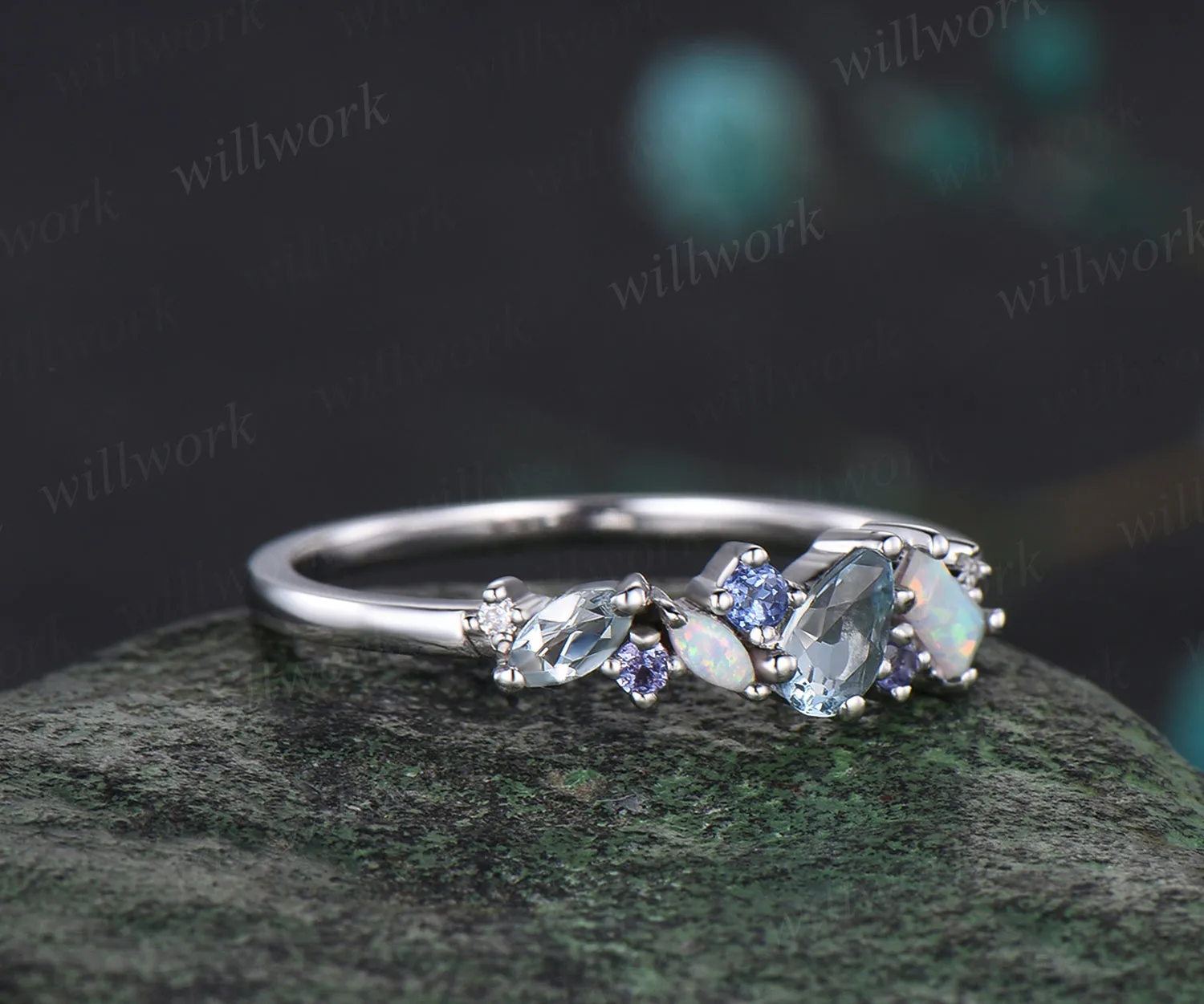 Natural Aquamarine Tanzanite Wedding Band Opal Cluster Multi-Stone Wedding Ring Minimalist 14k White Gold Bridal Anniversary Promise Custom Jewelry sold by Willwork Jewelry product image thumbnail 3