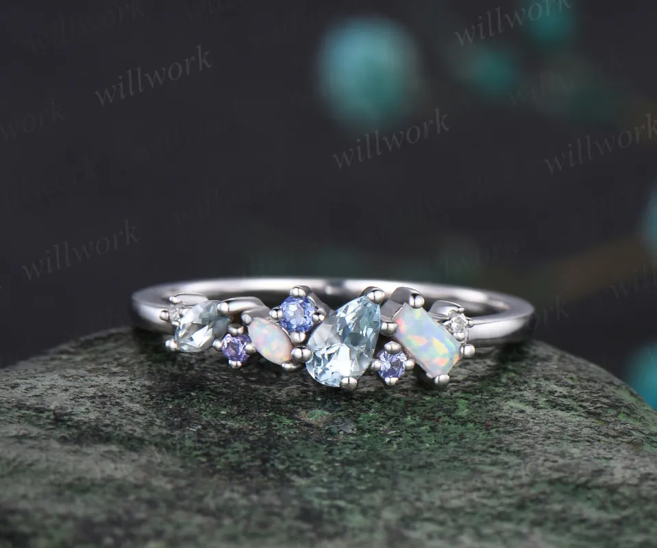 Natural Aquamarine Tanzanite Wedding Band Opal Cluster Multi-Stone Wedding Ring Minimalist 14k White Gold Bridal Anniversary Promise Custom Jewelry sold by Willwork Jewelry