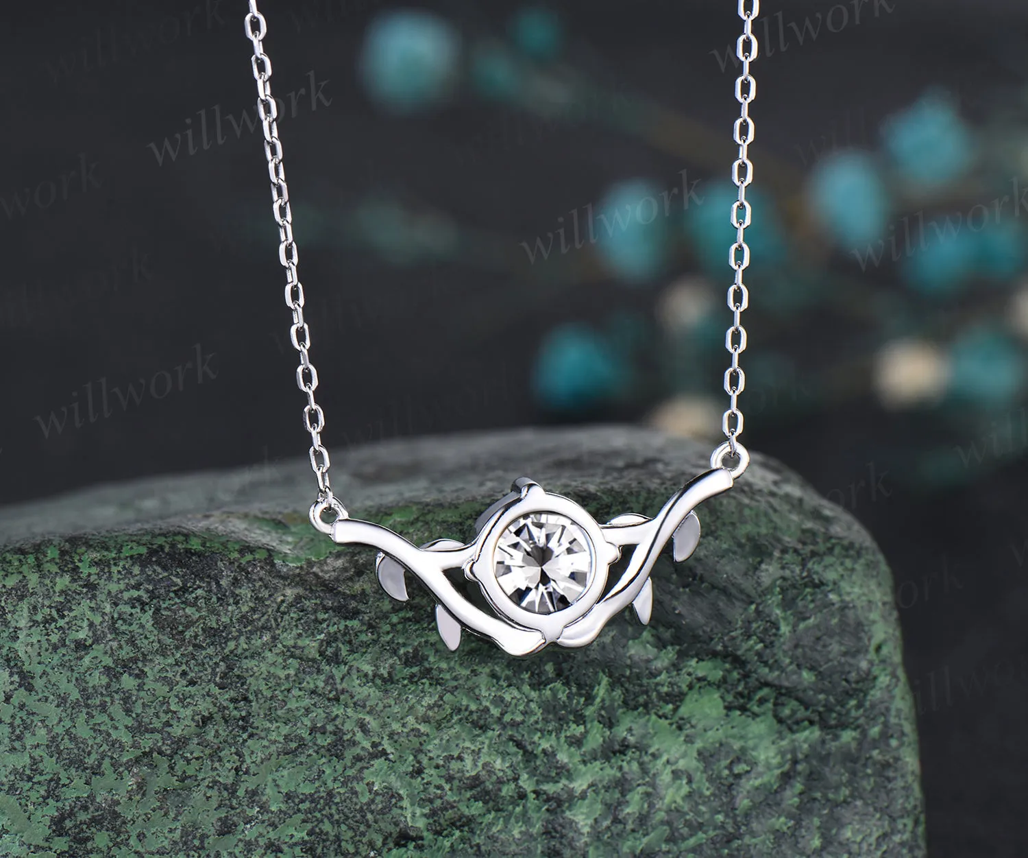 Dainty Round Cut Moissanite Necklace Delicate Vine Twig Branch Nature Inspired Pendant Art Deco 14k White Gold Necklace sold by Willwork Jewelry product image thumbnail 4