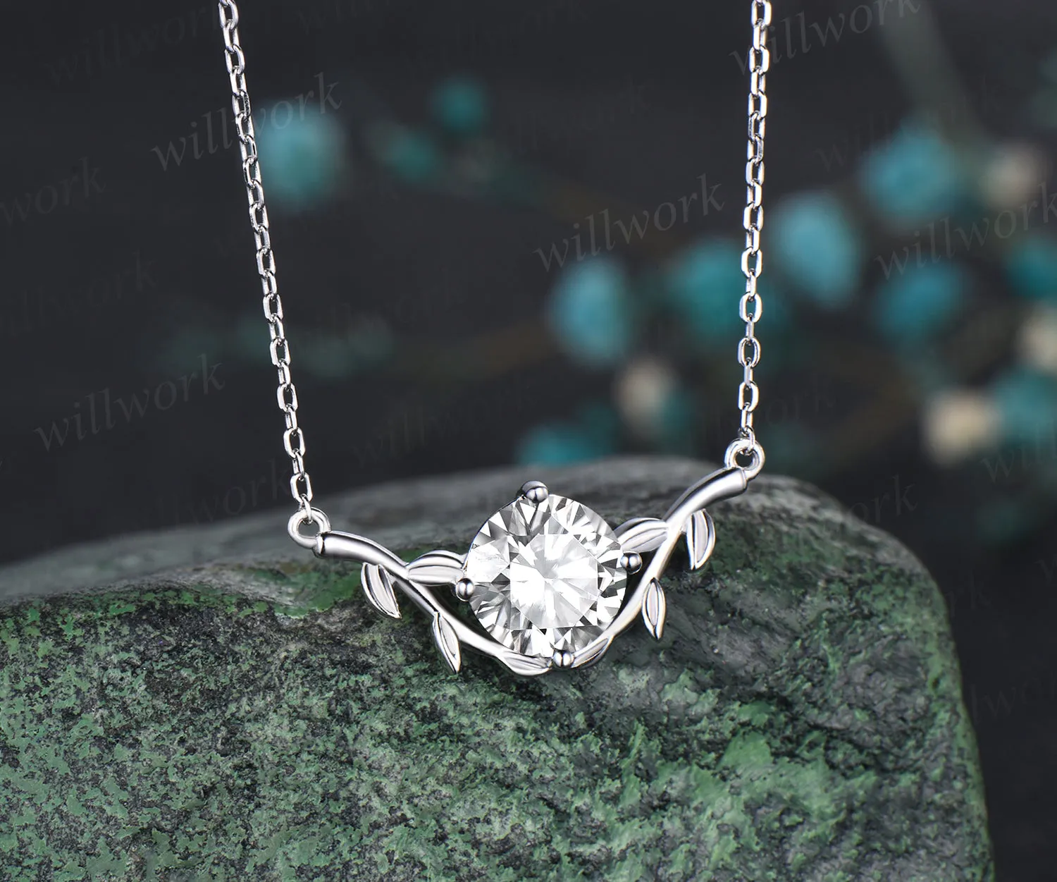 Dainty Round Cut Moissanite Necklace Delicate Vine Twig Branch Nature Inspired Pendant Art Deco 14k White Gold Necklace sold by Willwork Jewelry product image thumbnail 3