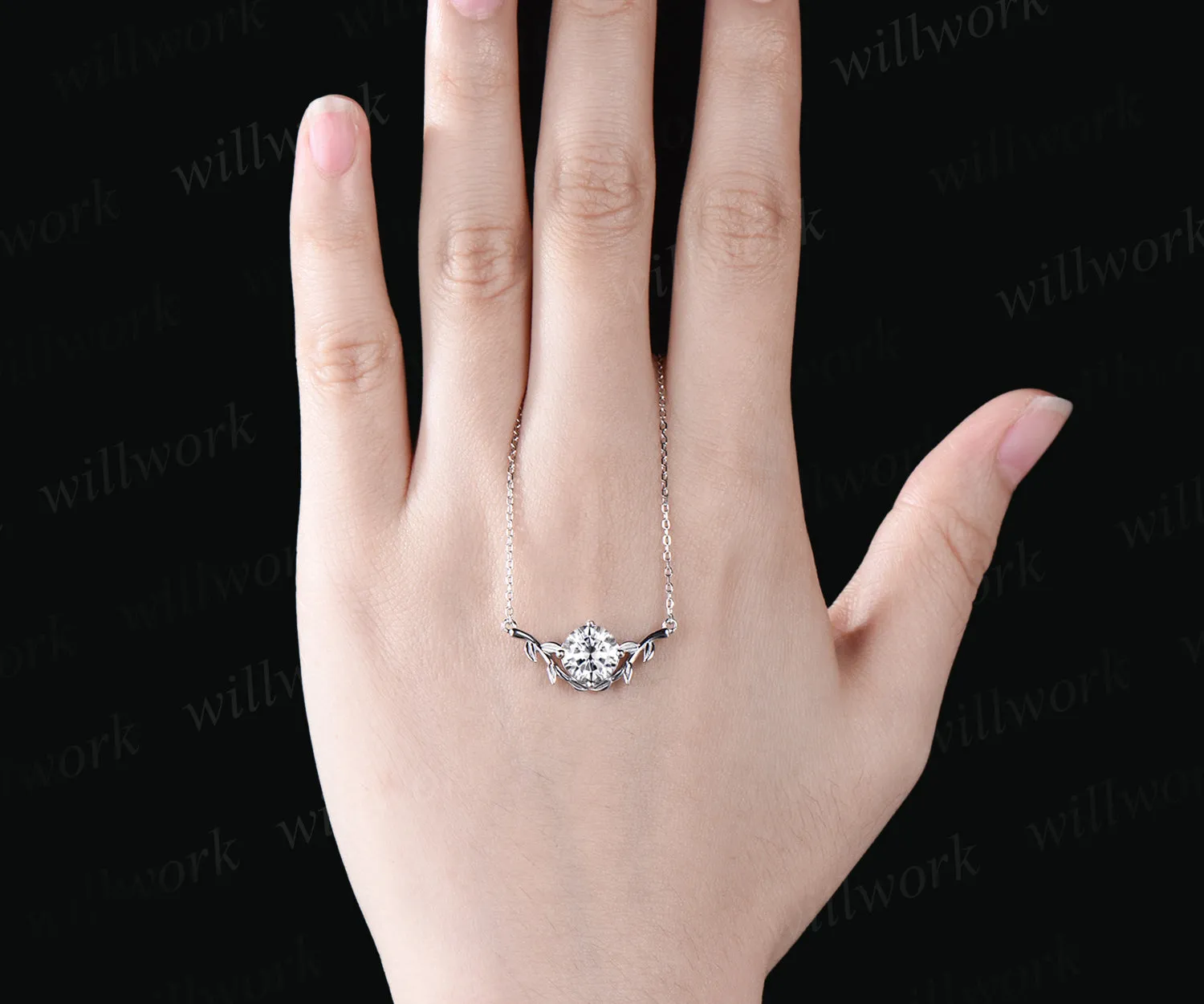 Dainty Round Cut Moissanite Necklace Delicate Vine Twig Branch Nature Inspired Pendant Art Deco 14k White Gold Necklace sold by Willwork Jewelry product image thumbnail 2