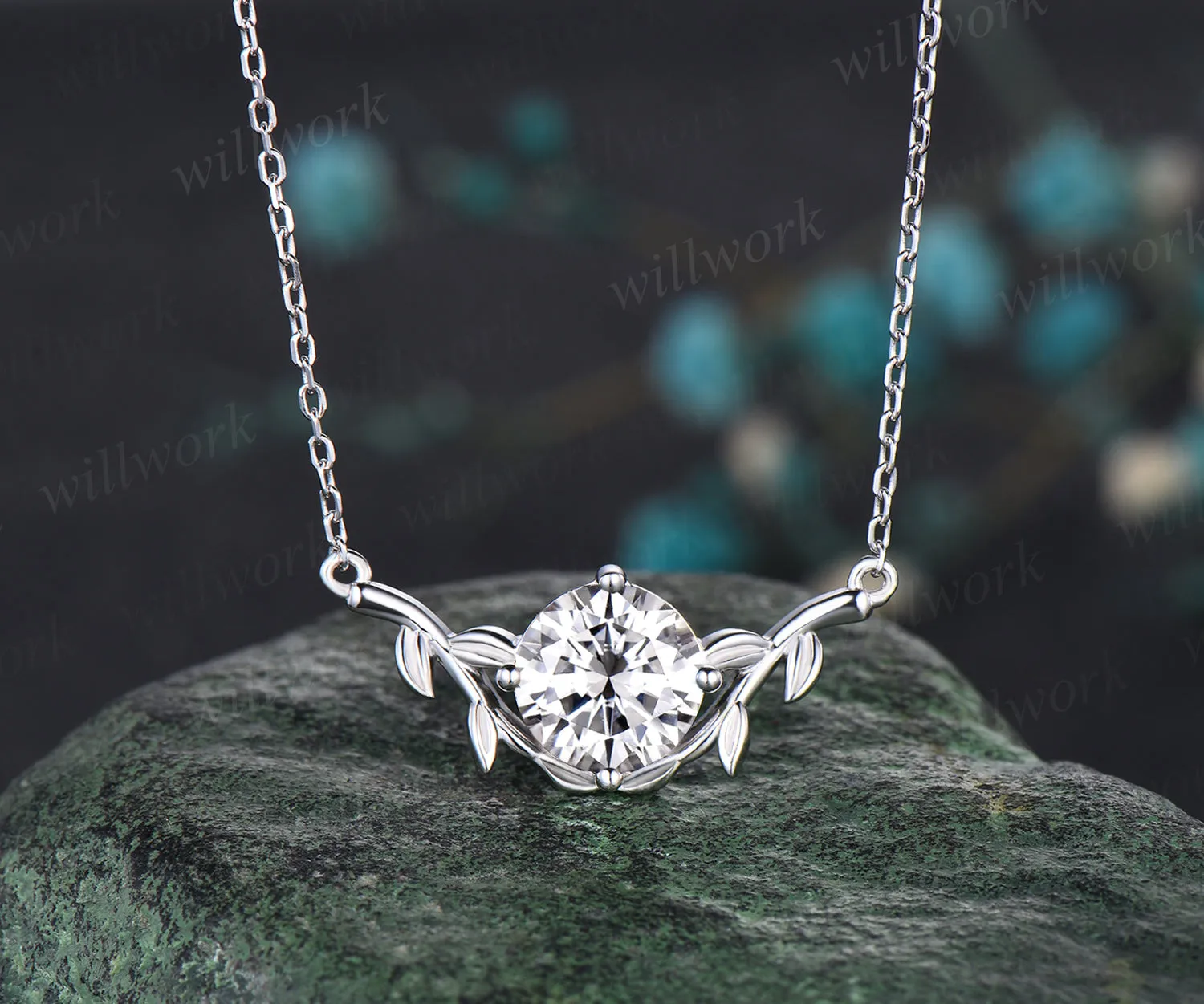 Dainty Round Cut Moissanite Necklace Delicate Vine Twig Branch Nature Inspired Pendant Art Deco 14k White Gold Necklace sold by Willwork Jewelry