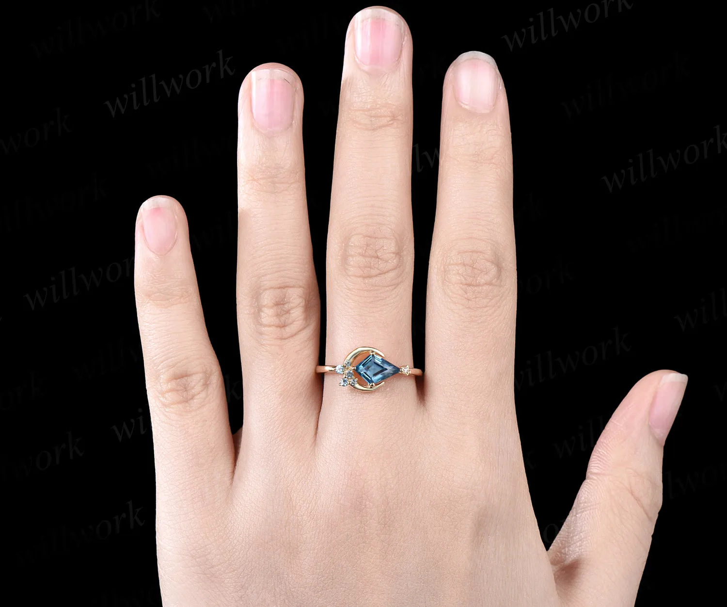 Delicate Kite Cut Natural London Blue Topaz Engagement Ring Unique December Birthstone Blue Topaz Cluster Moon Star Wedding Ring Promise Gift For Women sold by Willwork Jewelry product image thumbnail 2