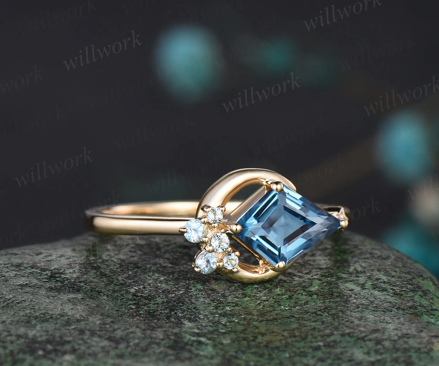 Delicate Kite Cut Natural London Blue Topaz Engagement Ring Unique December Birthstone Blue Topaz Cluster Moon Star Wedding Ring Promise Gift For Women sold by Willwork Jewelry product image thumbnail 3