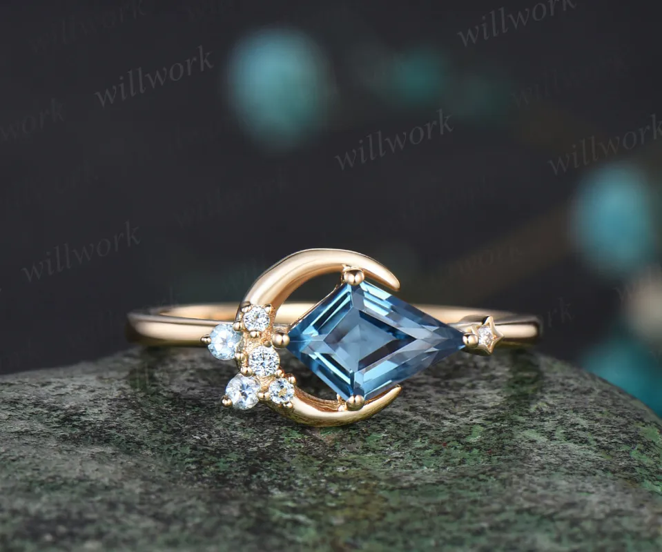 Delicate Kite Cut Natural London Blue Topaz Engagement Ring Unique December Birthstone Blue Topaz Cluster Moon Star Wedding Ring Promise Gift For Women sold by Willwork Jewelry