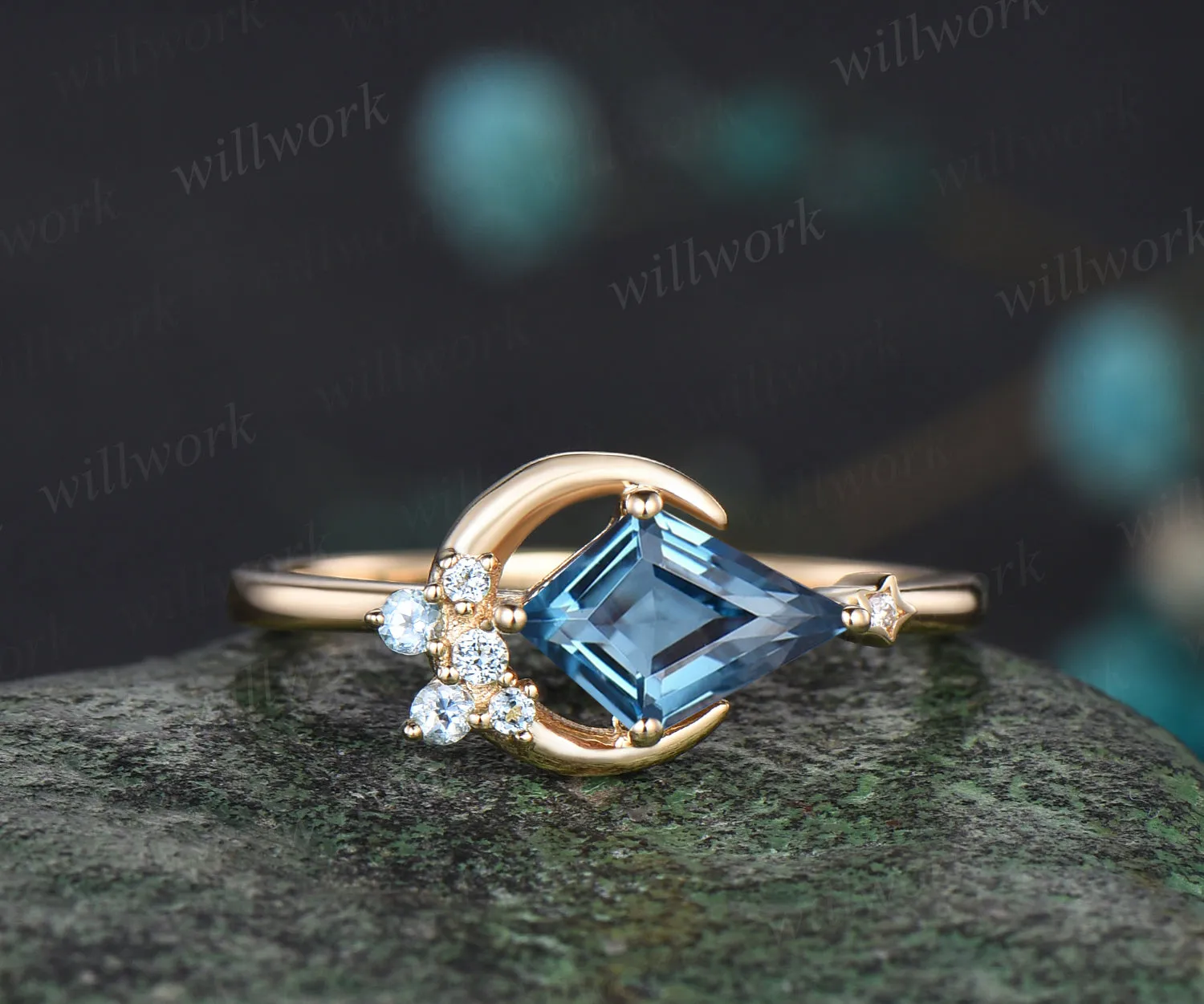Delicate Kite Cut Natural London Blue Topaz Engagement Ring Unique December Birthstone Blue Topaz Cluster Moon Star Wedding Ring Promise Gift For Women sold by Willwork Jewelry