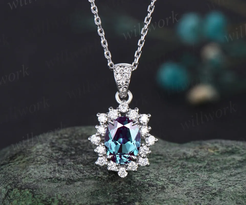 Minimalist Oval Cut Alexandrite Necklace Delicate Moissanite Halo Pendant June Birthstone Custom Bridal Necklace Anniversary Jewelry sold by Willwork Jewelry