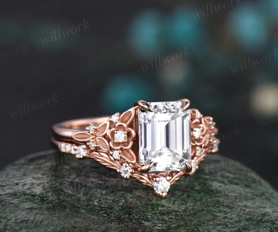 Vintage emerald cut moissanite engagement ring rose gold leaf flower nature inspired unique cluster diamond bridal wedding ring set women sold by Willwork Jewelry