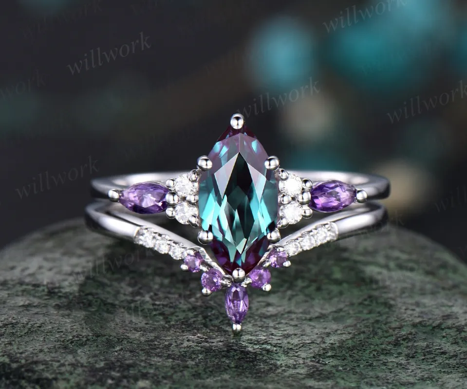 Vintage marquise cut alexandrite engagement ring art deco white gold amethyst moissanite 6 prong gemstone bridal wedding ring set women made by Willwork Jewelry